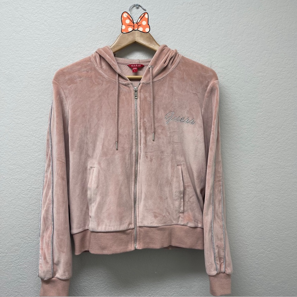 GUESS Y2K Pink Velour Zip Up Rhinestone Sweater with Hoodie💎 size Large